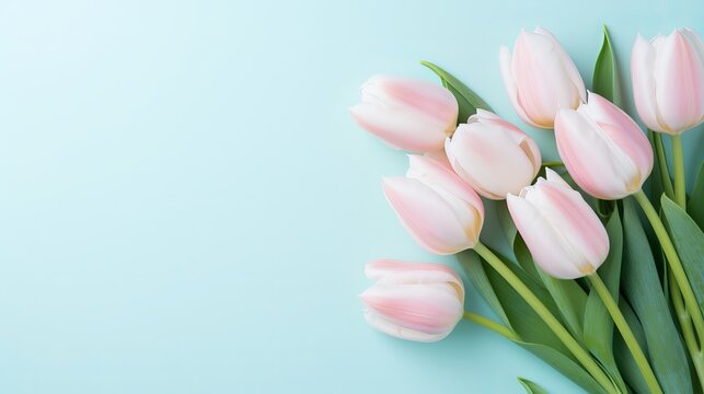 Mother's Day concept. Top view photo of bouquet of white and pink tulips on isolated pastel blue background with copyspace