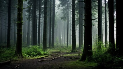 A dense, misty forest shrouded in mystery - obrazy, fototapety, plakaty