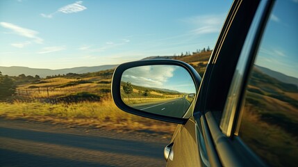 The car mirror reflects the beautiful scenery as the driver cruises down the open road, backlight photography, - obrazy, fototapety, plakaty