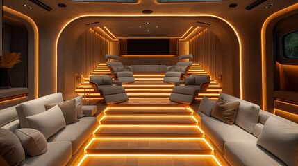 Luxurious Private Home Theater with Ambient Lighting and Plush Seating