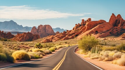 A desert road with cacti and red rock formations