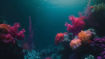 Under the deep, black water of the ocean, there is reef color and flower-shaped sea living coral.