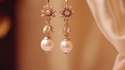Pearl earrings with golden fittings on shiny beige silk background. Beautiful accessories for women. Elegant jewelery gift or present for wedding or saint valentine's day