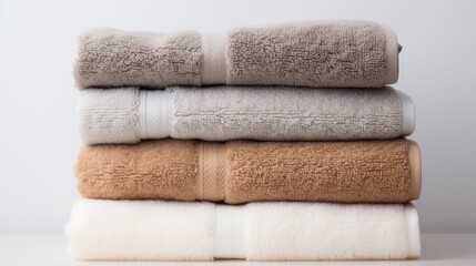 Fototapeta na wymiar Towels neatly stacked,white back ground,three color, white grey browen