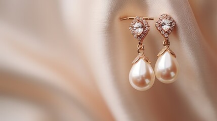 Pearl earrings with golden fittings on shiny beige silk background. Beautiful accessories for women. Elegant jewelery gift or present for wedding or saint valentine's day
