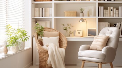 Fototapeta na wymiar A home office with a cozy reading corner and personal touches