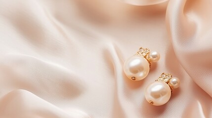 Obraz na płótnie Canvas Pearl earrings with golden fittings on shiny beige silk background. Beautiful accessories for women. Elegant jewelery gift or present for wedding or saint valentine's day