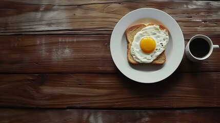 Fried Egg with Bread on Plate Over Wooden Table, Top View, Copy Space; Fried Egg on Wholegrain Toast with Cup of Coffee for Breakfast.