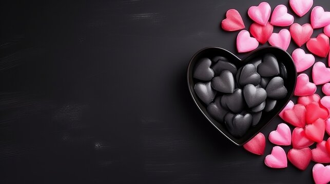 Pink tulip flower heart shaped candy on black plate on black background. Valentines day, womens day concept. Top view