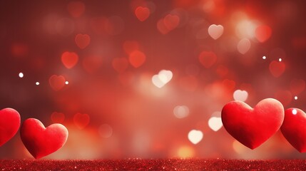 Red hearts, valentine day greeting card. Bokeh background