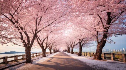 A road lined with blooming cherry blossoms