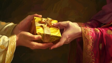 individuals are exchanging a beautifully decorated gift box amidst a vibrant and colorful setting