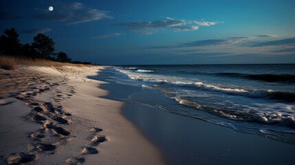 A serene beach with moonlight casting long shadows