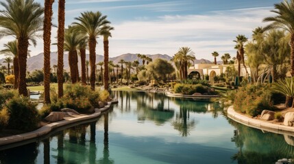 A serene desert oasis with palm trees