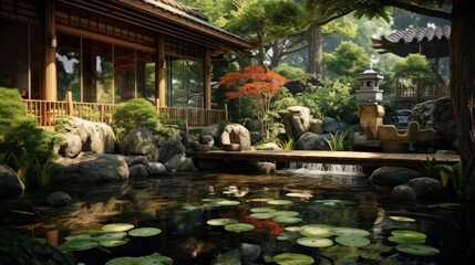 Fototapeta na wymiar A serene japanese garden with a koi pond for a zen atmosphere
