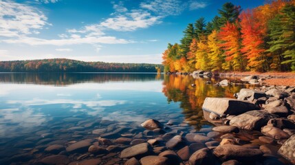 A serene lake surrounded by vibrant fall foliage