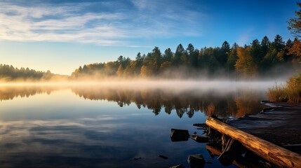 A serene morning fog over a tranquil lake