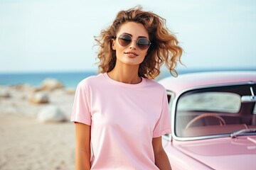 A blank soft-pink oversized round-neck t-shirt mockup with no image or text on it, with a female model in a convertible vintage car, portofino beach in the background,
