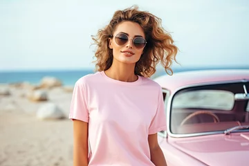 Foto op Canvas A blank soft-pink oversized round-neck t-shirt mockup with no image or text on it, with a female model in a convertible vintage car, portofino beach in the background, © Thuch