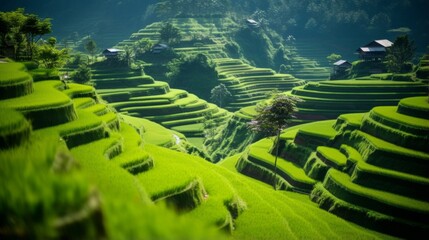 A serene rice paddy field with terraced levels