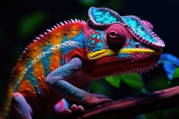 Obraz premium A chameleon whose colors can change at will and blend into its surroundings, Glowing radioactivity, beauty light,