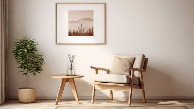 Retro interior design of living room with stylish vintage chair and table, plants, cacti, personal accessories and gold mock up poster frame on the beige wall. Elegant home decor. Template.