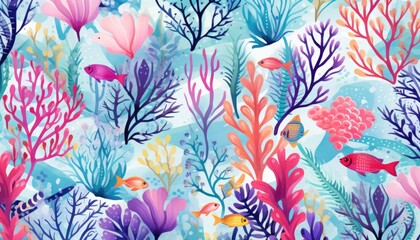 Fototapeta na wymiar Seamless coral reef sea life illustration pattern --ar 7:4 Job ID: 450f34ec-ff0f-4f1a-bcd0-f2e5901b4b68