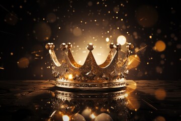 A golden crown adorned with sparkling diamonds, Glowing radioactivity, reflection photography, 