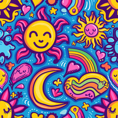 Hippie peace and love colorful cartoon doodles 1970s 1960s 60s groovy rainbow psychedelic cute abstract repeat pattern