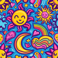 Fototapeta premium Hippie peace and love colorful cartoon doodles 1970s 1960s 60s groovy rainbow psychedelic cute abstract repeat pattern