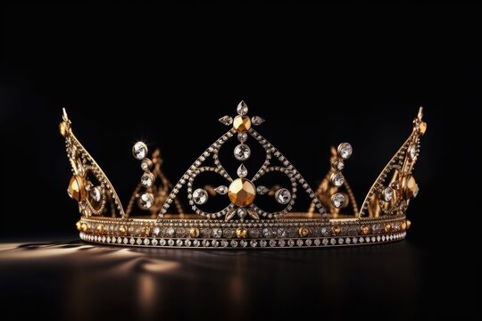 A golden crown with gems is on a dark background. Horizontal banner with a copy space for text or logo