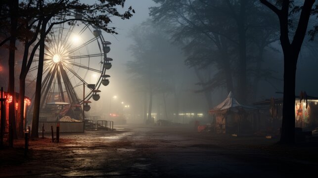 Abandoned carnival grounds with a foggy atmosphere and moonlight