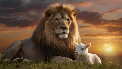 Jesus Christ: Lamb of Sacrifice, Lion of Triumph. The duality of Jesus. Lion and lamb in the meadow at sunset. Animal portrait