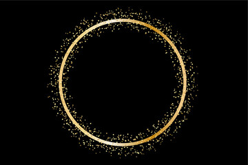 Radiant Elegance: Luxurious Golden Circle Frame with Glittering Borders, Isolated on a Dramatic Black Background, Showered in Shimmering Particles and Dazzling Light Effects
