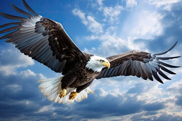 A majestic bald eagle, soaring between the blue sky and white clouds, beauty light, knitted style,