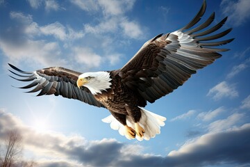 A majestic bald eagle, soaring between the blue sky and white clouds, beauty light, knitted style,