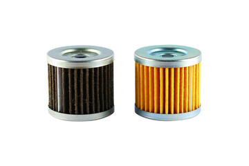 Used and unused Motorcycle oil filters are isolated on a transparent background