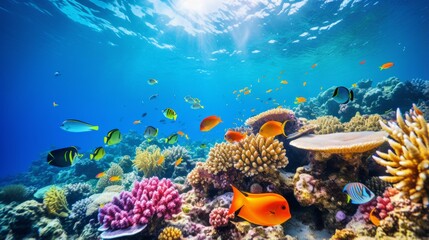 Naklejka na ściany i meble Diverse coral reefs teeming with colorful marine life