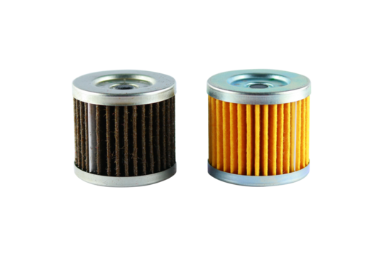Used and unused Motorcycle oil filters are isolated on a transparent background