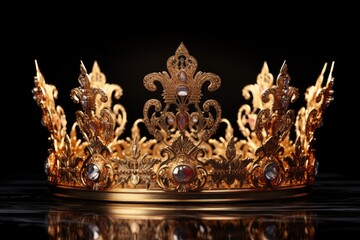 A shiny golden crown with intricate floral patterns, split lighting, Impressionism,