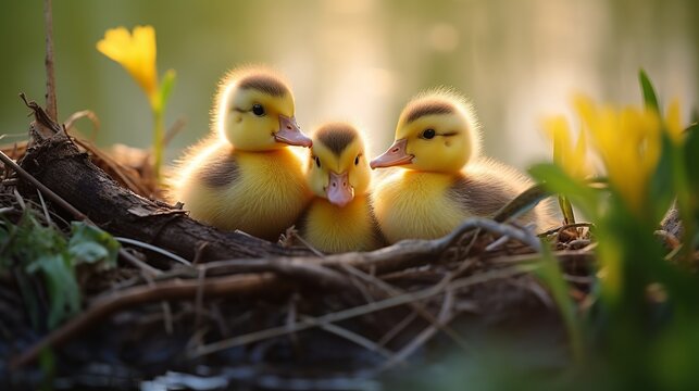 Three little ducklings in a nest, outdoors image in the park, springtime