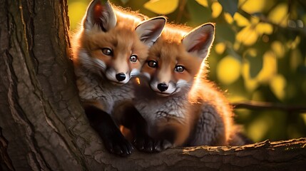 Two little red fox cubs cuddling next to tree in sunlight