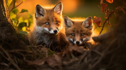 Fototapeta premium Two red fox cubs play in a dry pebbly clearing at the edge of a dense shrubbery in the soft glow of dusk