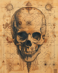 Pirate skull and compasses on old grunge paper background.