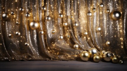 Shimmering gold ornaments on a luxurious christmas backdrop