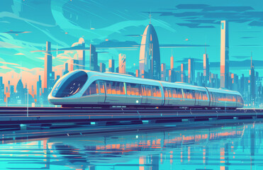 Futuristic train with city and sea background.