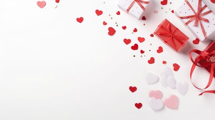 Valentine's Day background. Gifts, candle, confetti, envelope on white background. Valentines day concept. Flat lay, top view, copy space