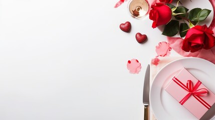 Valentines day dinner with table place setting with red gift, glass for champagne, a bottle of champagne, pink roses, hearts with silverware on white background. View from above.