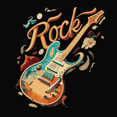 Rock and roll typographic music guitar with r eps vector design suitable for unisex t-shirt, tee design, hoodies, poster, music festival banner, cover, logo vector illustration