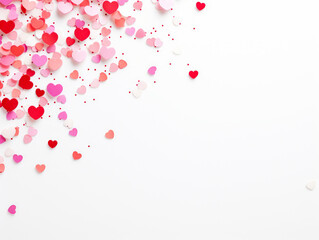 confetti on fence white background. Valentines day background. Flat lay, top view